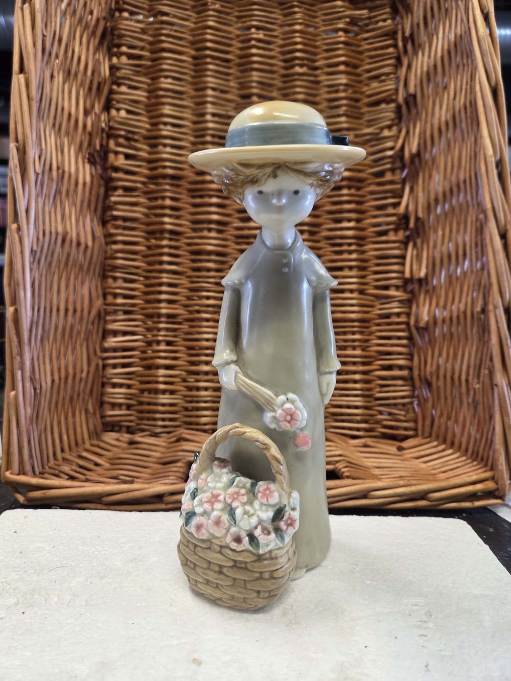 Enesco Ceramic Girl Figurine in Sage Green and Pale Yellow
